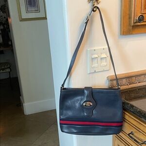 Gucci Navy Leather Shoulder Bag with Red Stripe Accent